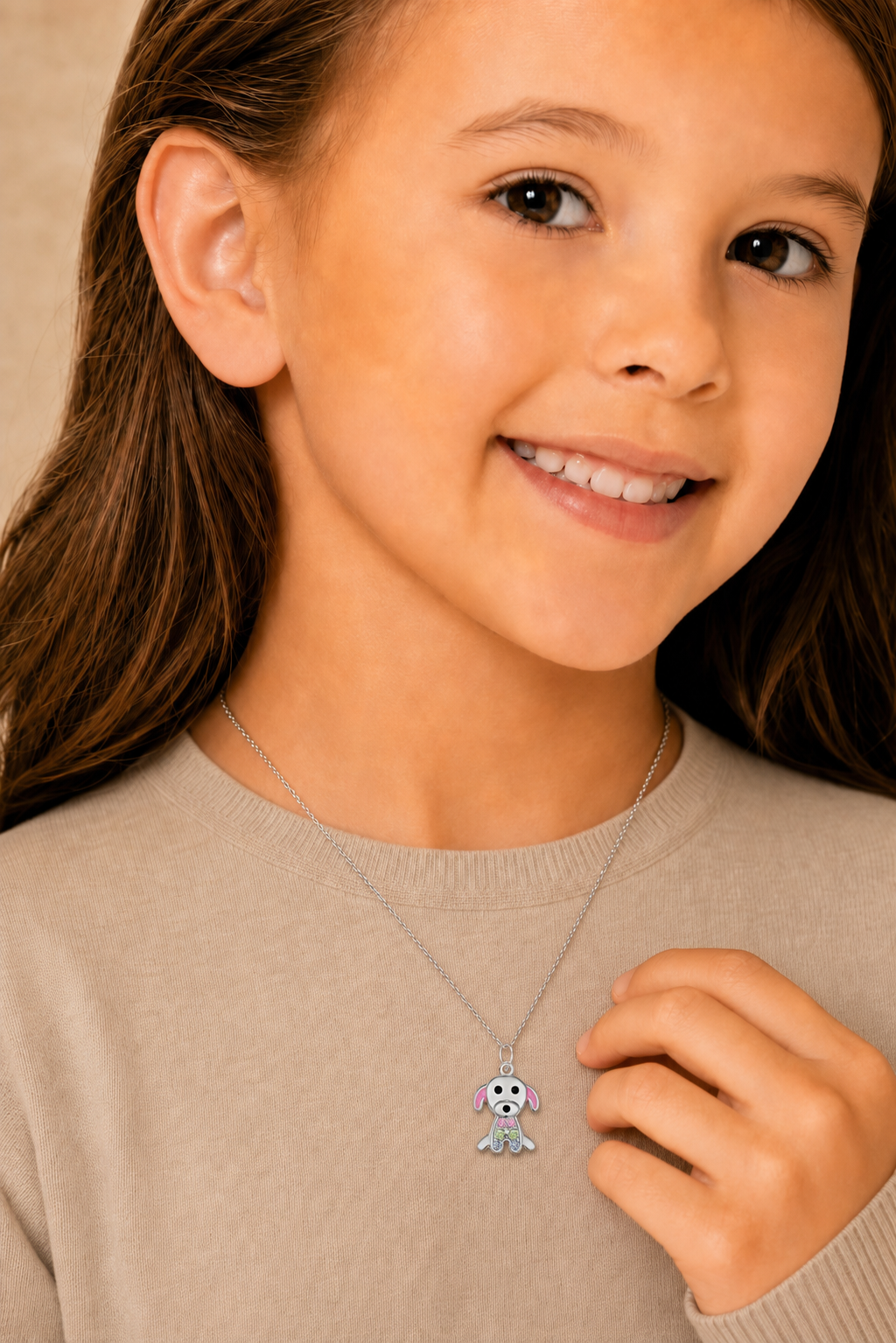 Dog Crystal White Gold Palladium Plating Hypoallergenic Kids Necklace - worn