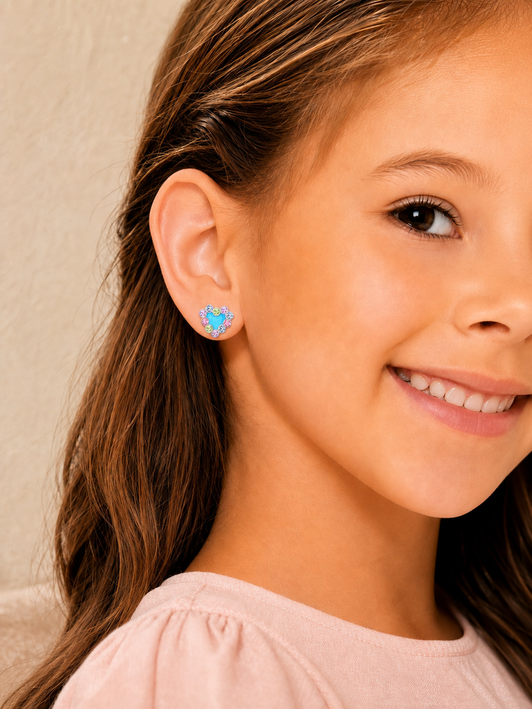 Heart Blue Enamel Crystal White Gold Palladium Plating Hypoallergenic Kids Screwback Stud Earrings Surgical Titanium Posts - worn