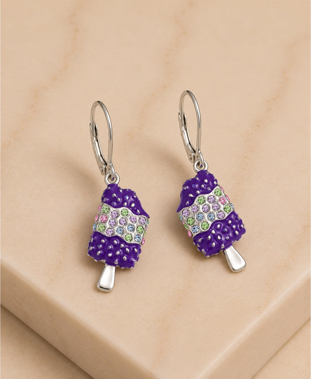 Ice pop Crystal White Gold Palladium Plating Hypoallergenic Kids Leverback Earrings - close-up