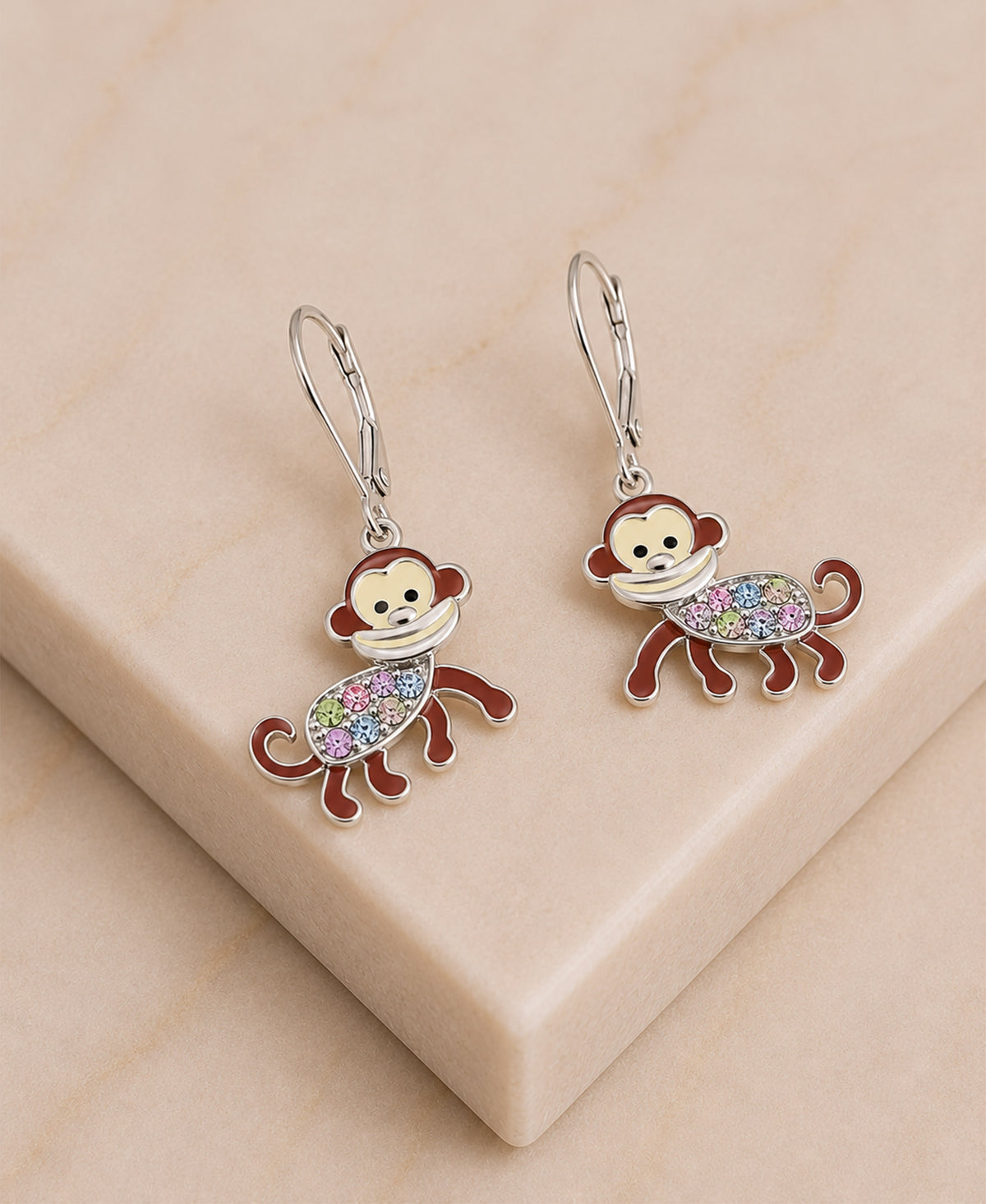 Monkey Crystal White  Gold Palladium Plating Hypoallergenic Kids Leverback Earrings are made from 925 Sterling silver - close-up