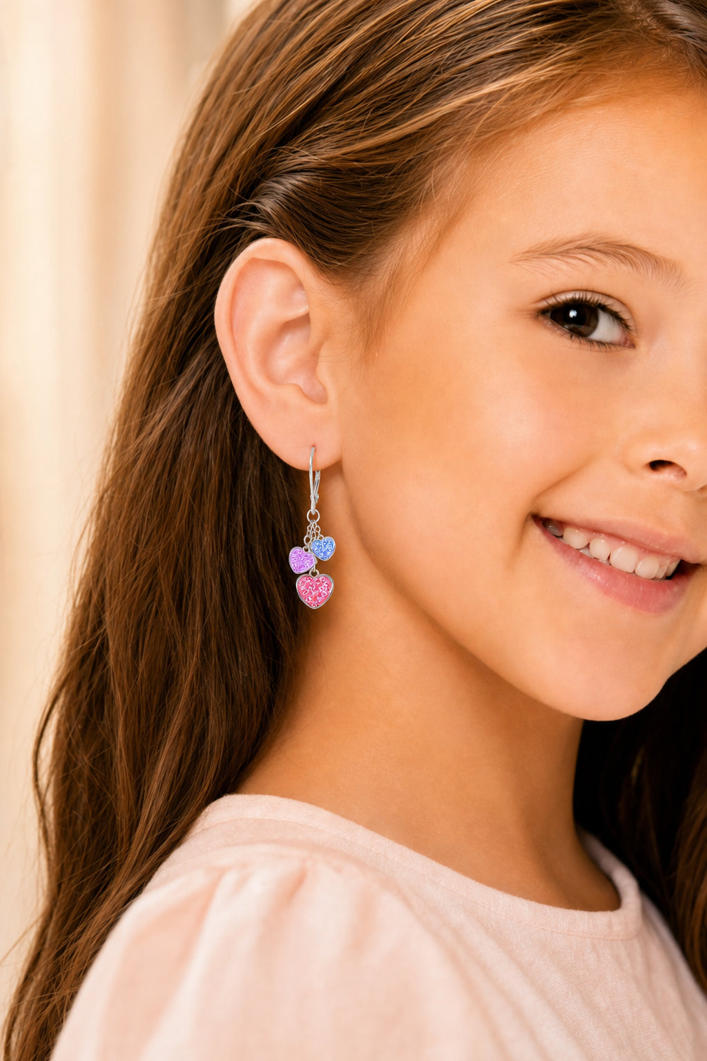 Heart Dangle Crystal White Gold Palladium Plating Hypoallergenic Kids Leverback Earrings - worn
