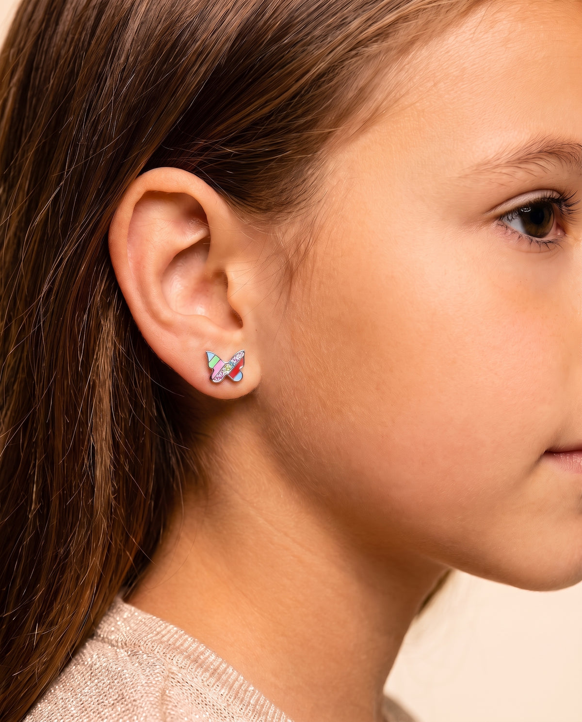 Butterfly Blue Stripes Crystal White Gold Palladium Plating Hypoallergenic Kids Screwback Stud Earrings Surgical Titanium Posts - worn