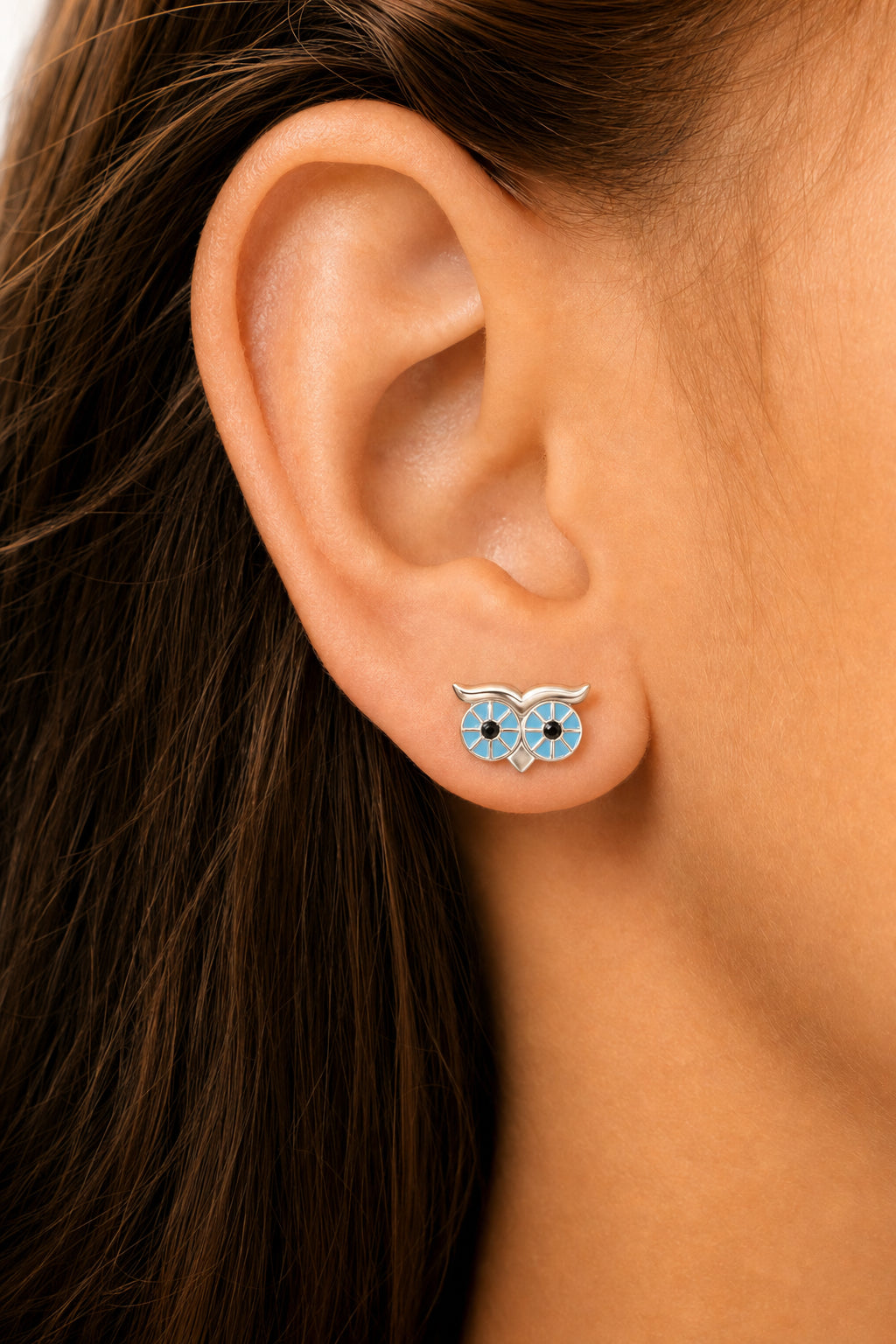 Owl Blue Enamel White Gold Palladium Plating Hypoallergenic Kids Screwback Stud Earrings Surgical Titanium Posts - worn