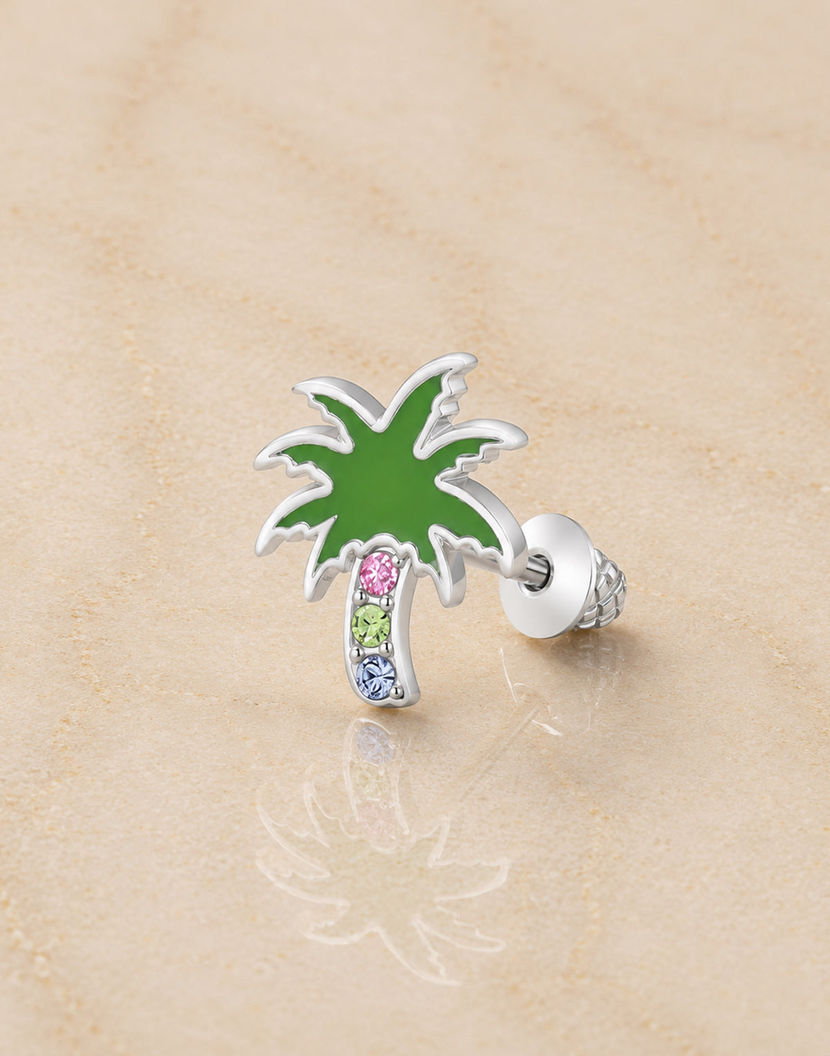 Palm tree Crystal White Gold Palladium Plating Hypoallergenic Kids Screwback Stud Earrings Surgical Titanium Posts - close-up