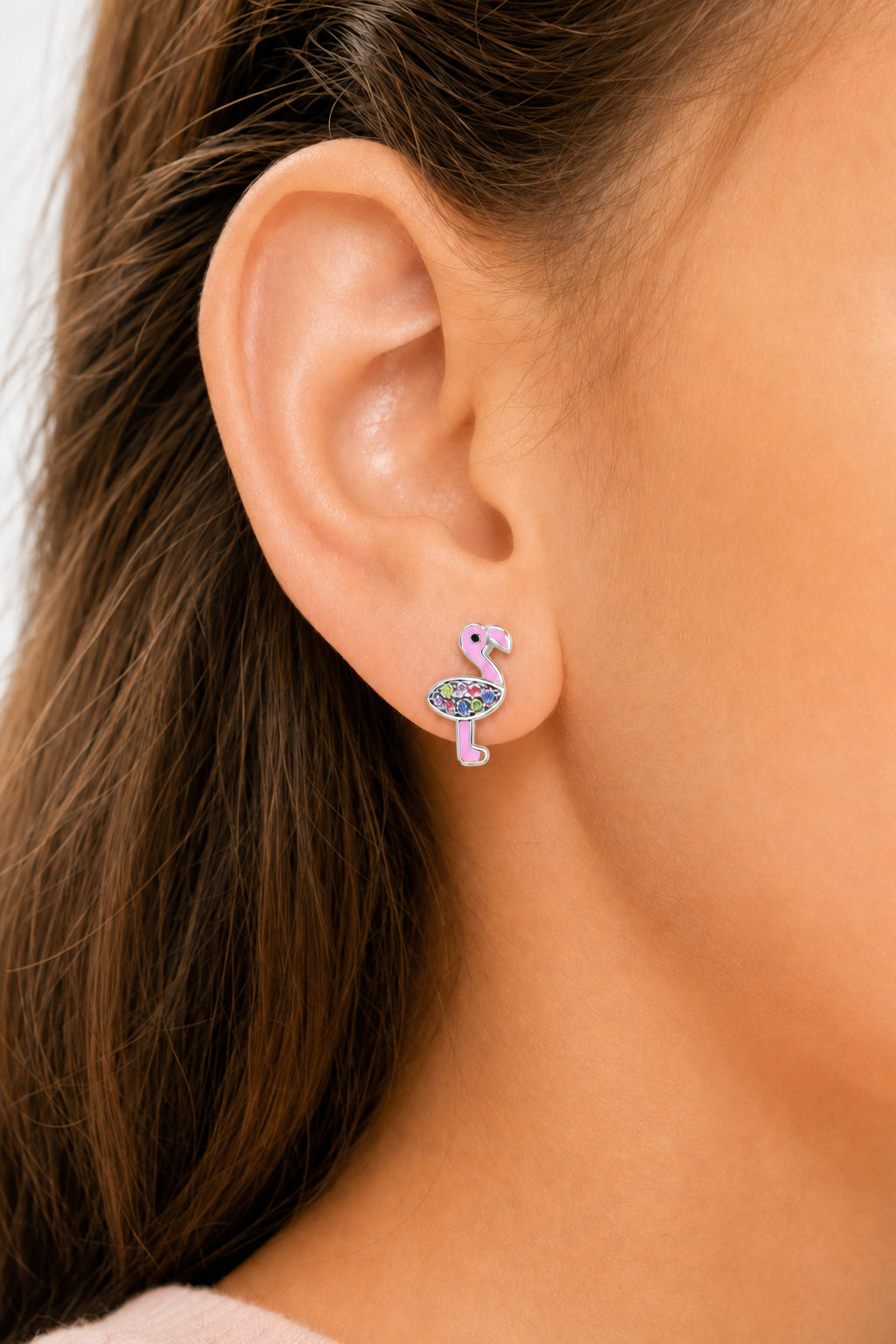 Flamingo Enamel Crystal White Gold Palladium Girl's Screwback Stud Earrings - worn