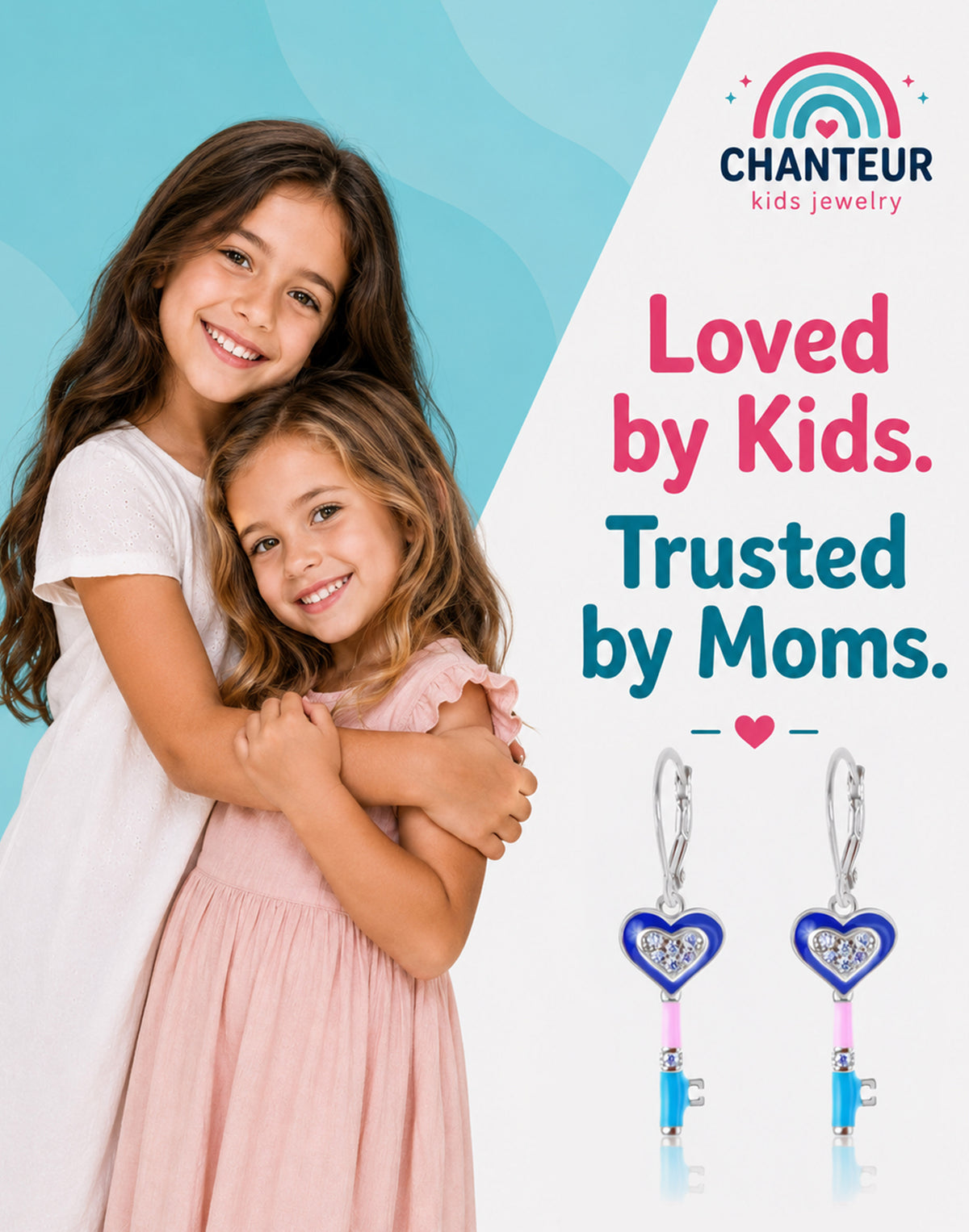 Heart Key Crystal White Gold Palladium Plating Hypoallergenic Kids Leverback Earrings - gift and lifestyle