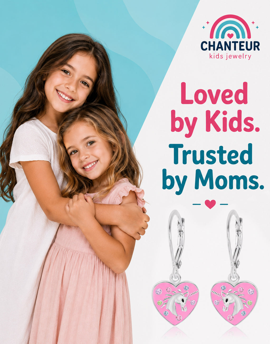 Unicorn Pink Heart Crystal White Gold Palladium Plating Hypoallergenic Kids Leverback Earrings - gift and lifestyle
