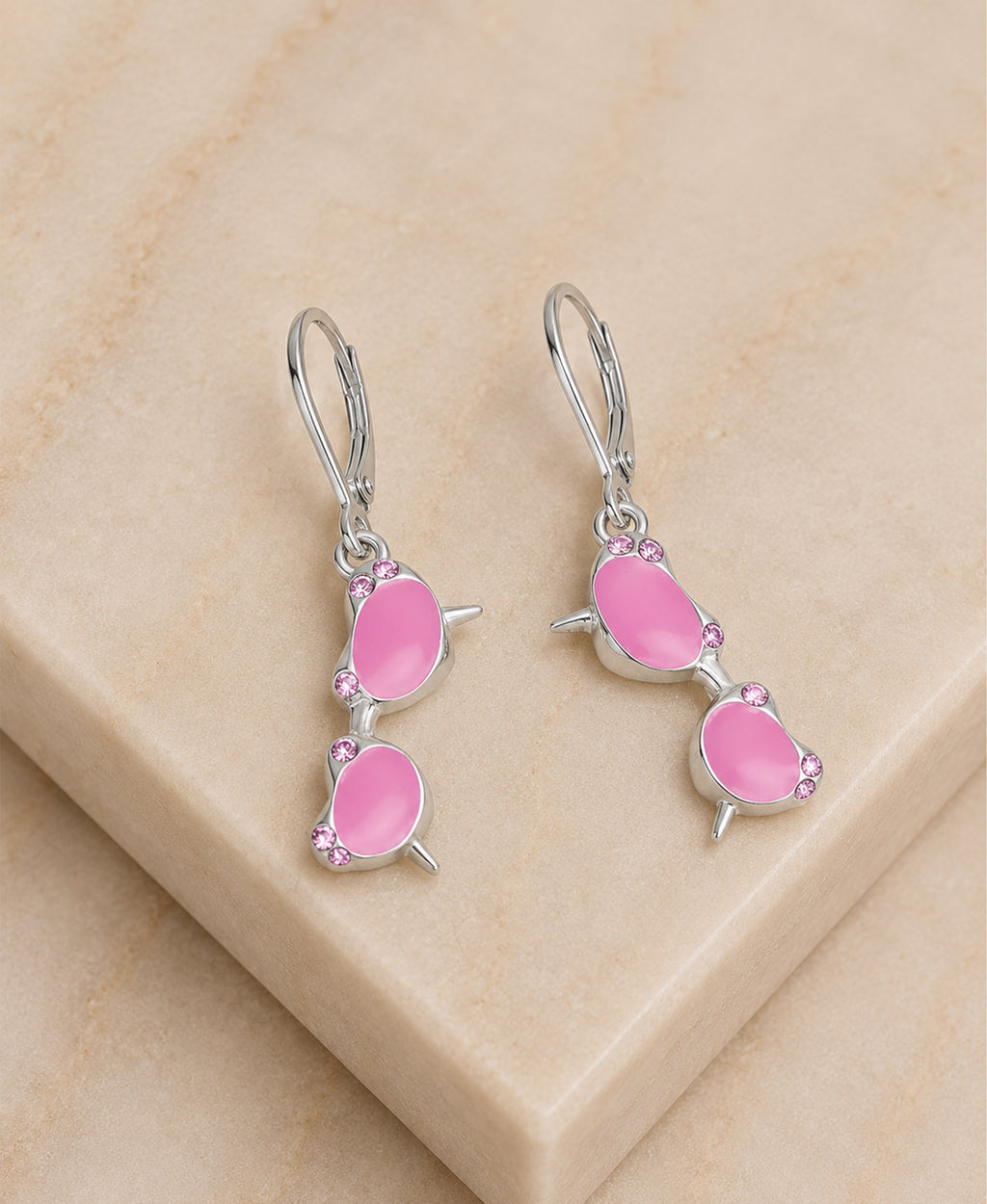 Sunglasses Pink Crystal White Gold Palladium Plating Hypoallergenic Kids Leverback  Earrings - close-up