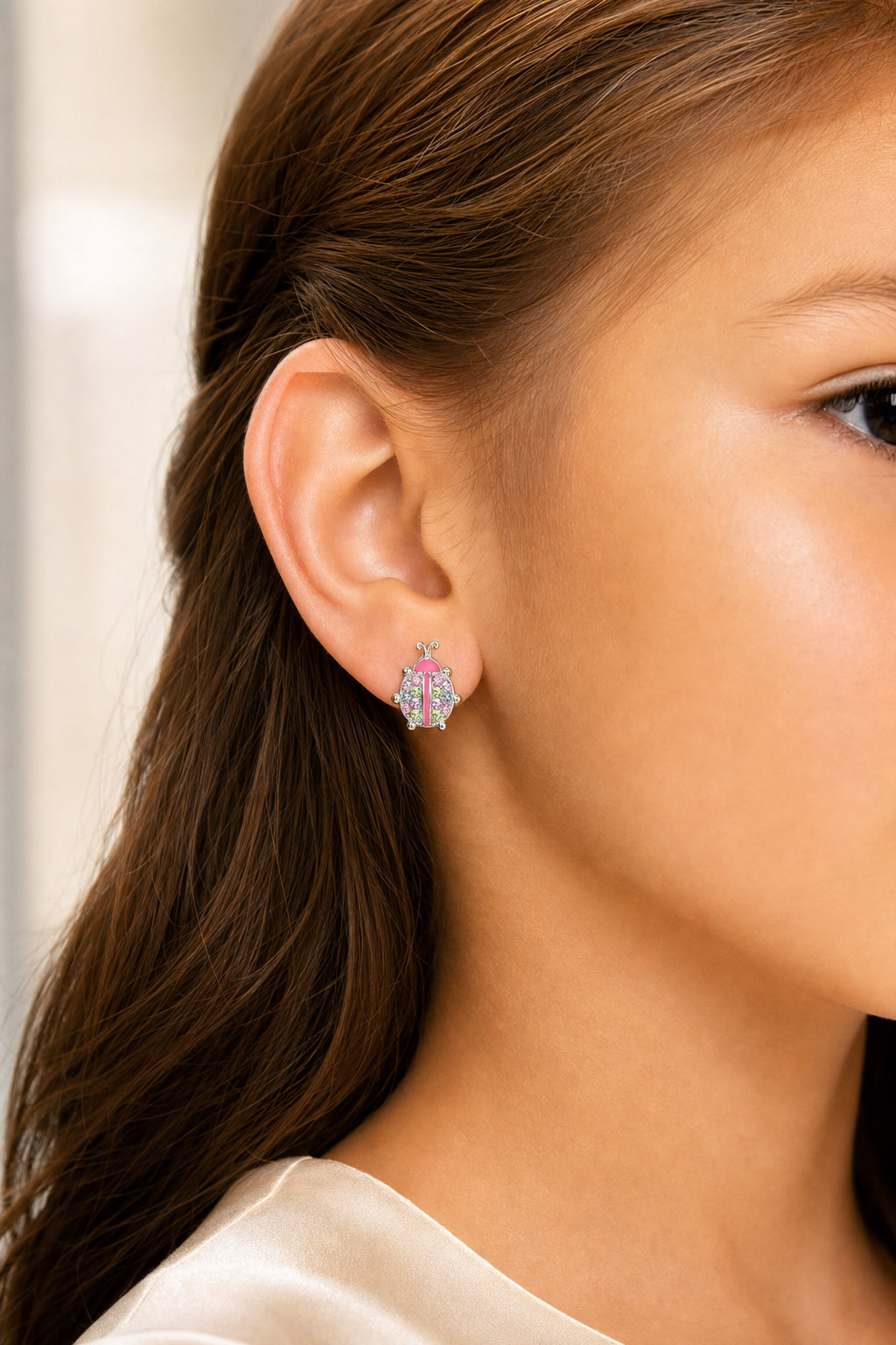 Ladybug Crystal White Gold Palladium Plating Hypoallergenic Kids Screwback Stud Earrings Surgical Titanium Posts - worn