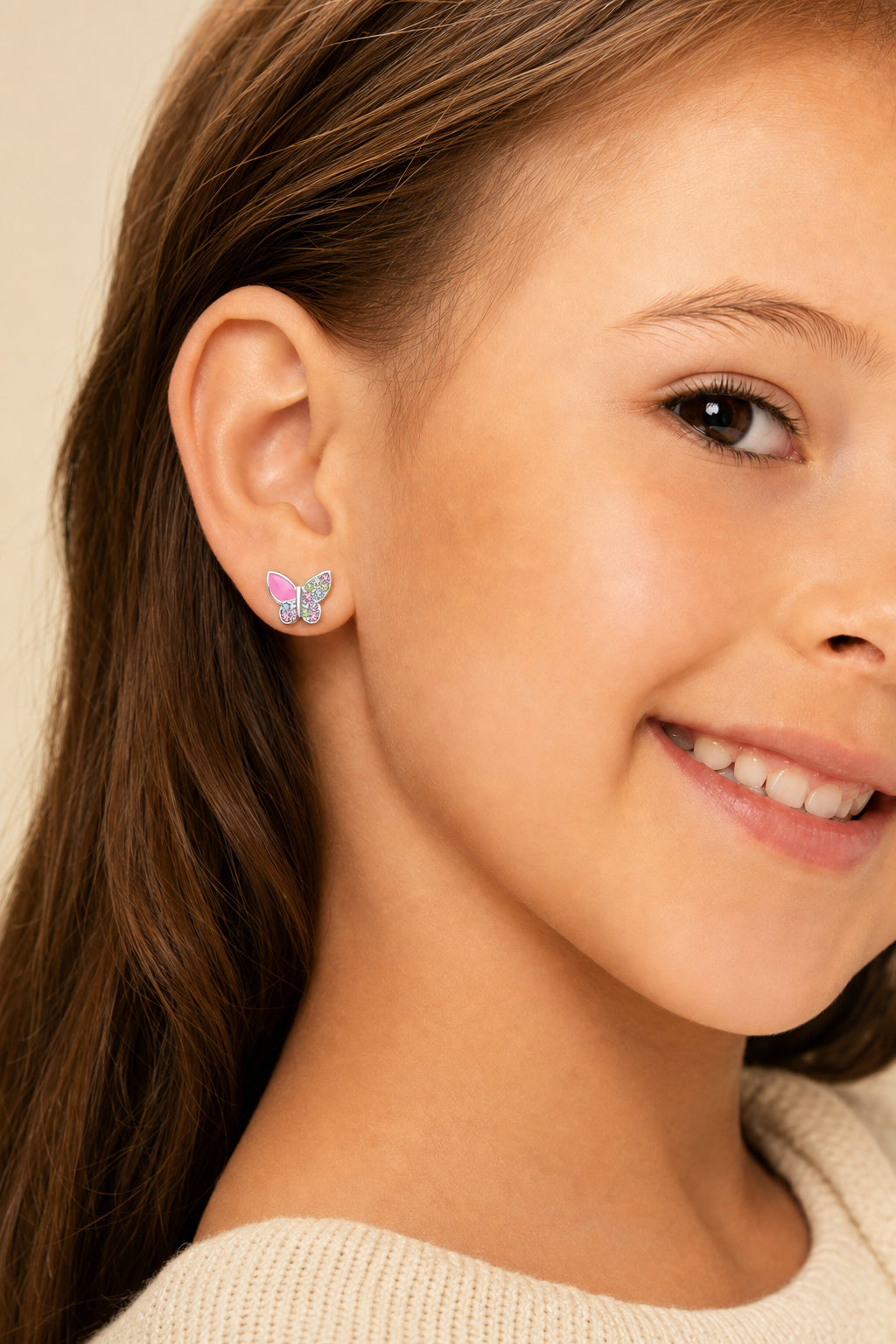 Butterfly Pink Crystal White Gold Palladium Plating Hypoallergenic Kids Screwback Stud Earrings Surgical Titanium Posts - worn