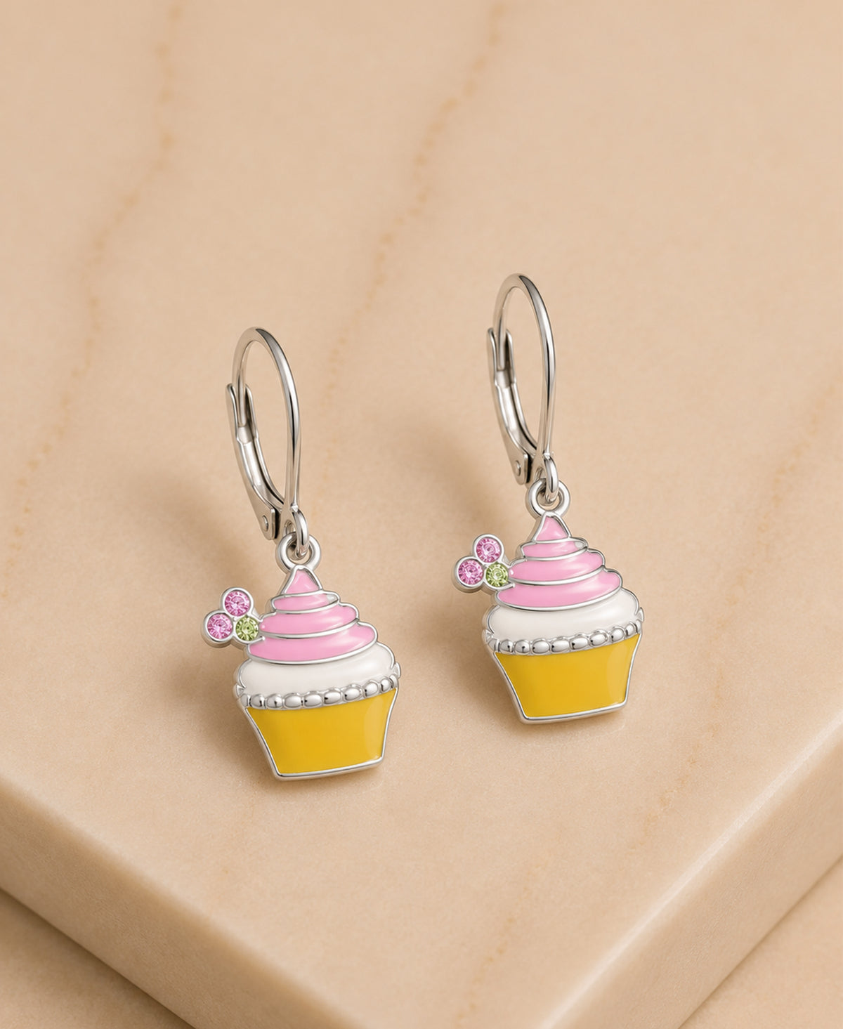 Pink Cupcake Multi-color Crystal White Gold Palladium Plating Girl's Leverback Earring - close-up