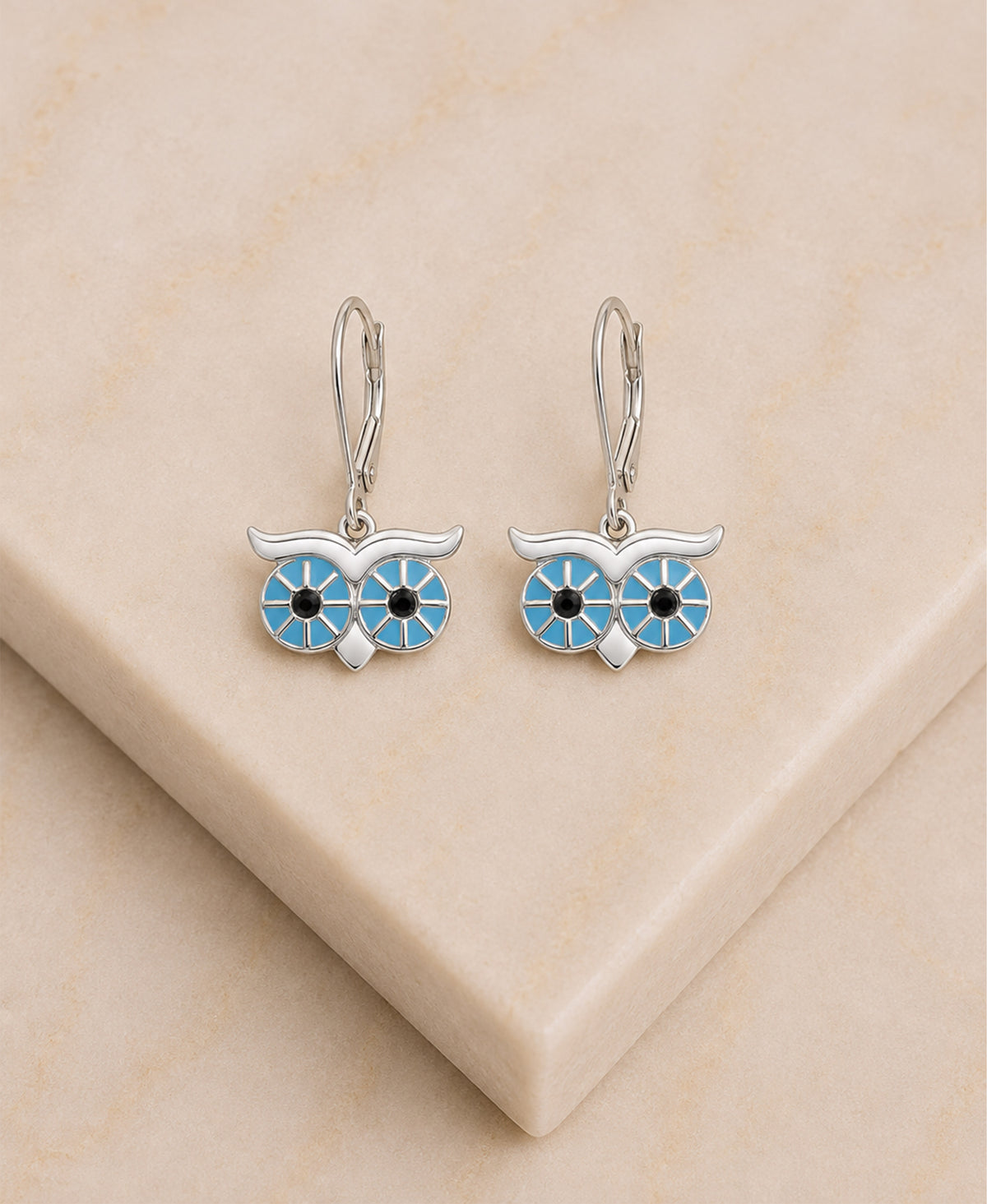Blue Eye Owl Enamel White Gold Palladium Plating Girl's Leverback Earrings - close-up
