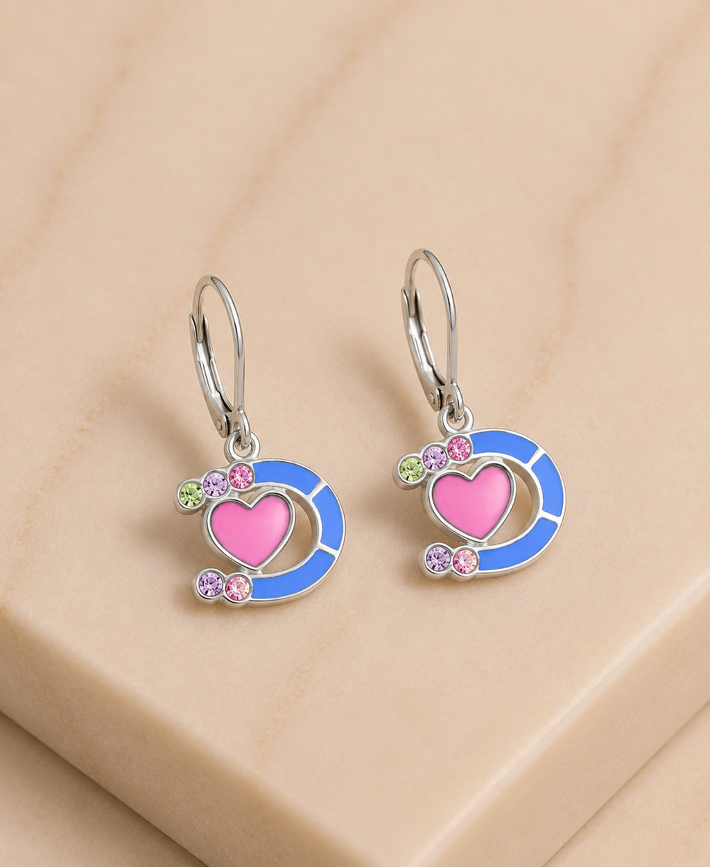 Blue Horse Shoe Heart Multi-color Crystal White Gold Palladium Plating Girl's Leverback Earrings - close-up