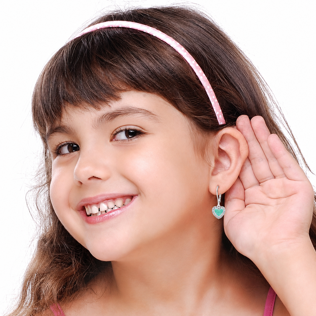 Heart Crystal White Gold Palladium Plating Hypoallergenic Kids Leverback Earrings - worn