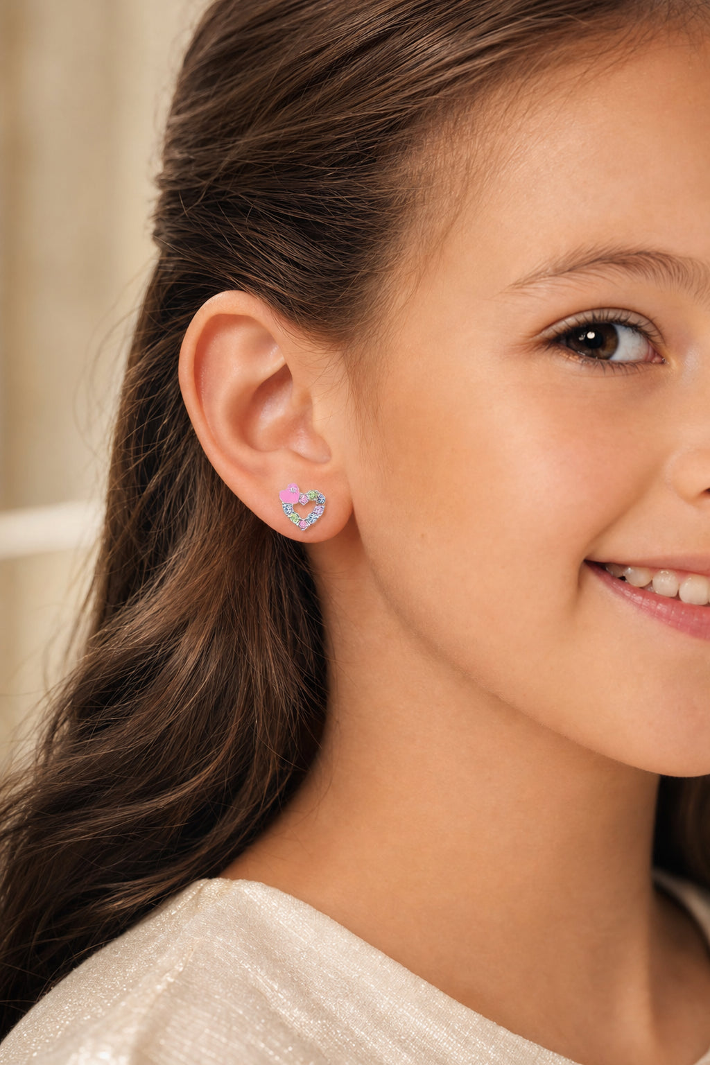 Heart Pink Crystal Enamel Whjite Gold Palladium Plating Hypoallergenic Kids Screwback Stud Earrings Surgical Titanium Posts - worn