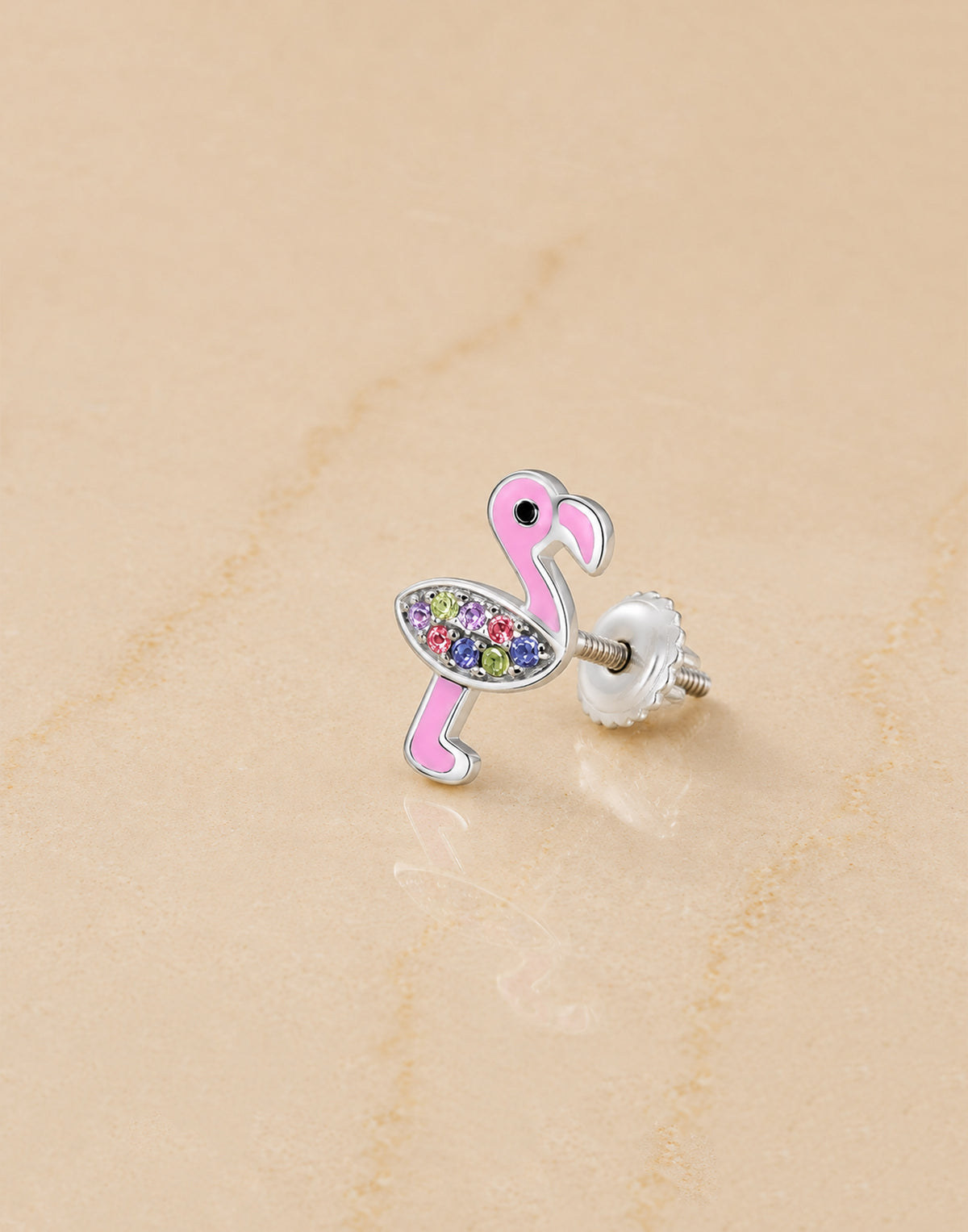 Flamingo Enamel Crystal White Gold Palladium Girl's Screwback Stud Earrings - close-up
