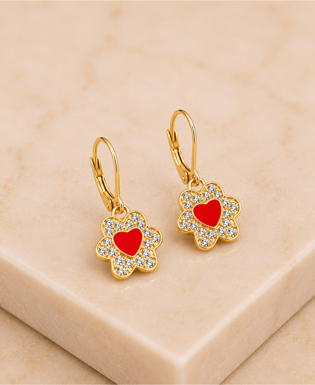 Heart Flower Heart Crystal Yellow Gold Brass Plating Hypoallergenic Kids Leverback Earrings - close-up