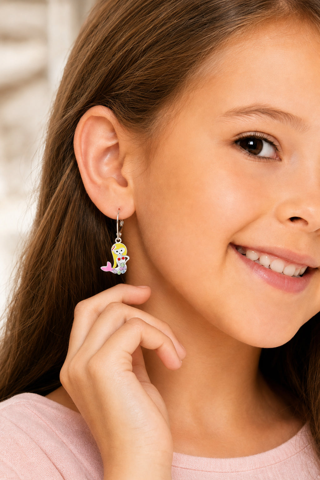 Mermaid Crystal White Gold Palladium Plating Hypoallergenic Kids Leverback Earrings - worn