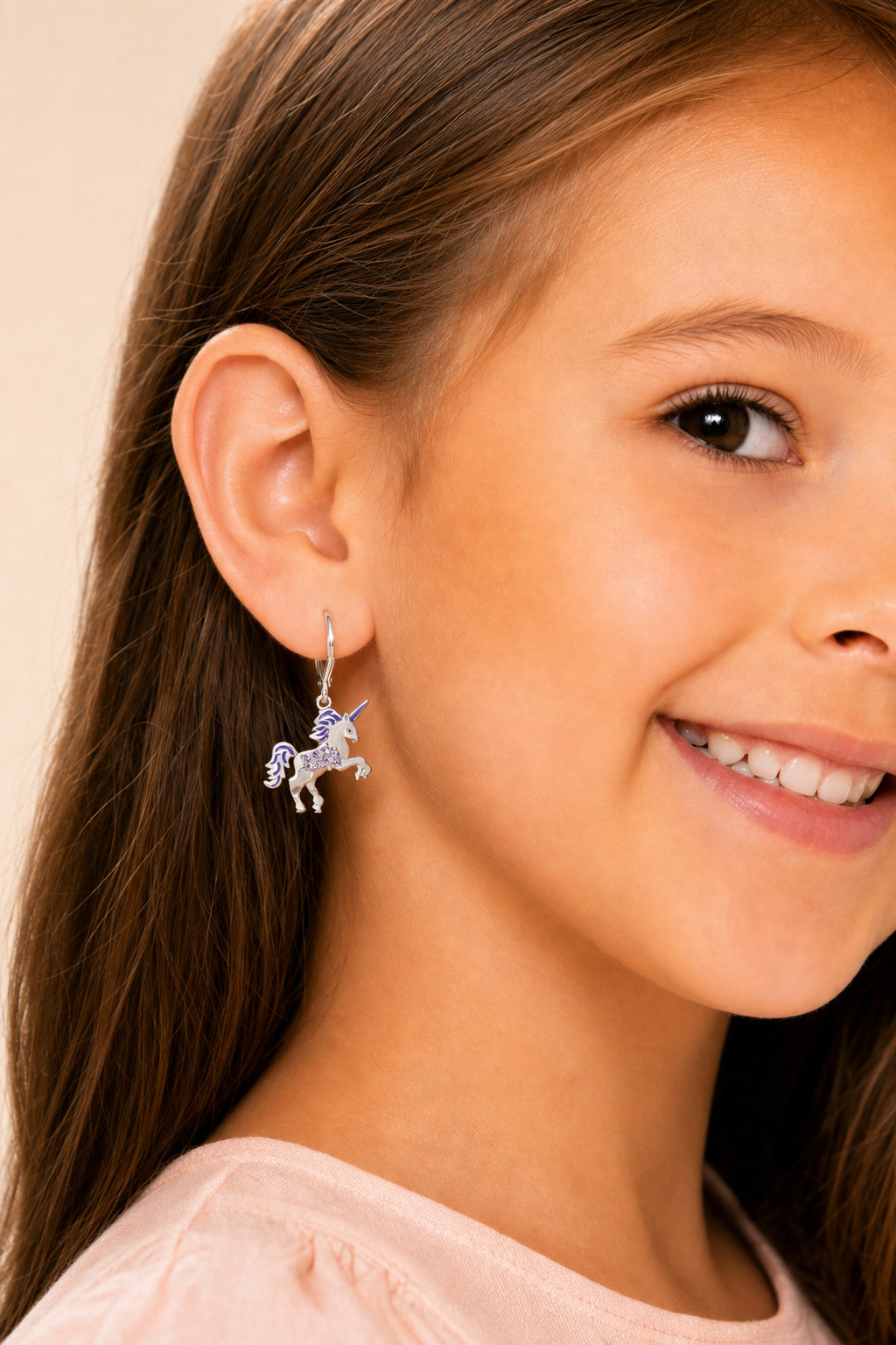 Unicorn Crystal White Gold Palladium Plating Hypoallergenic Kids Leverback Earrings are made from 925 Sterling silver - worn