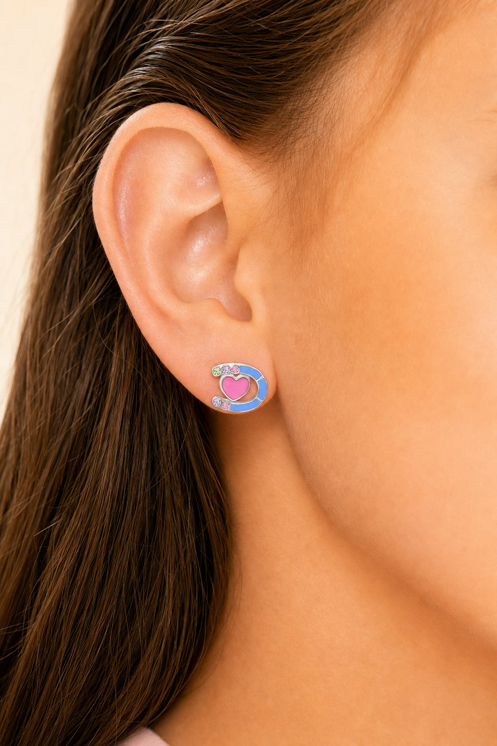 Horse Shoe Heart Crystal White Gold Palladium Girl's Screwback Stud Earrings - worn