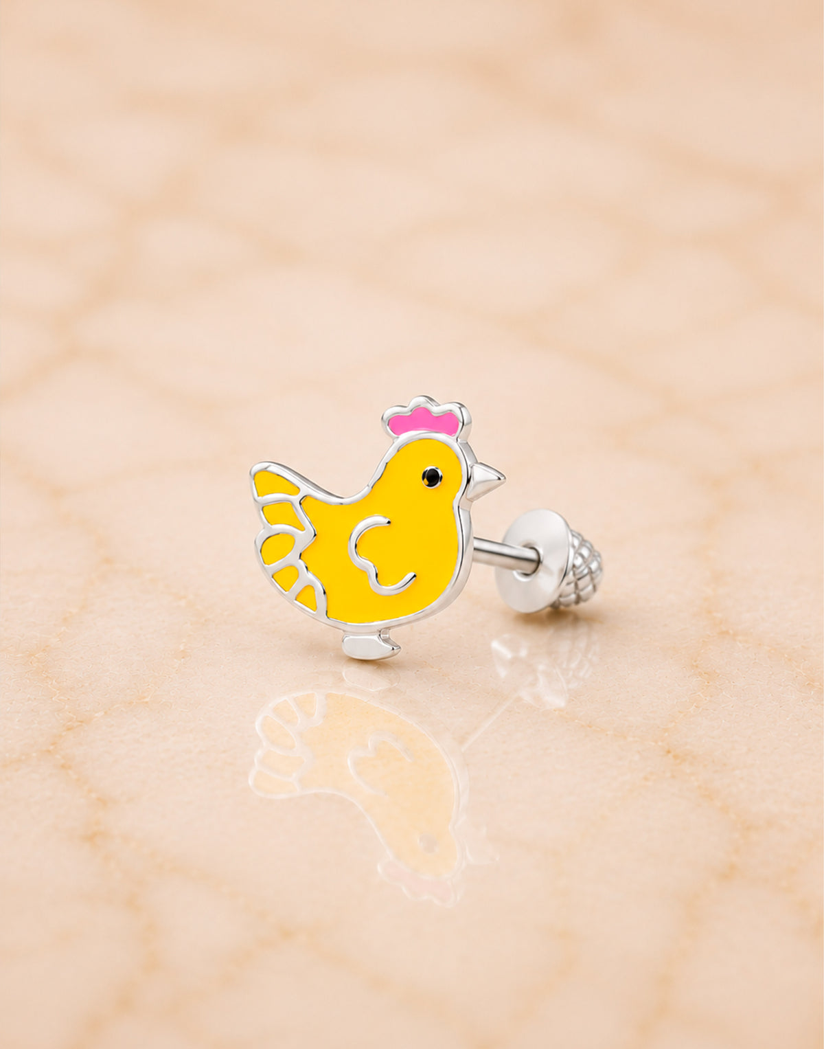 Rooster Crystal White Gold Palladium Plating Hypoallergenic Kids Screwback Stud Earrings Surgical Titanium Posts - close-up