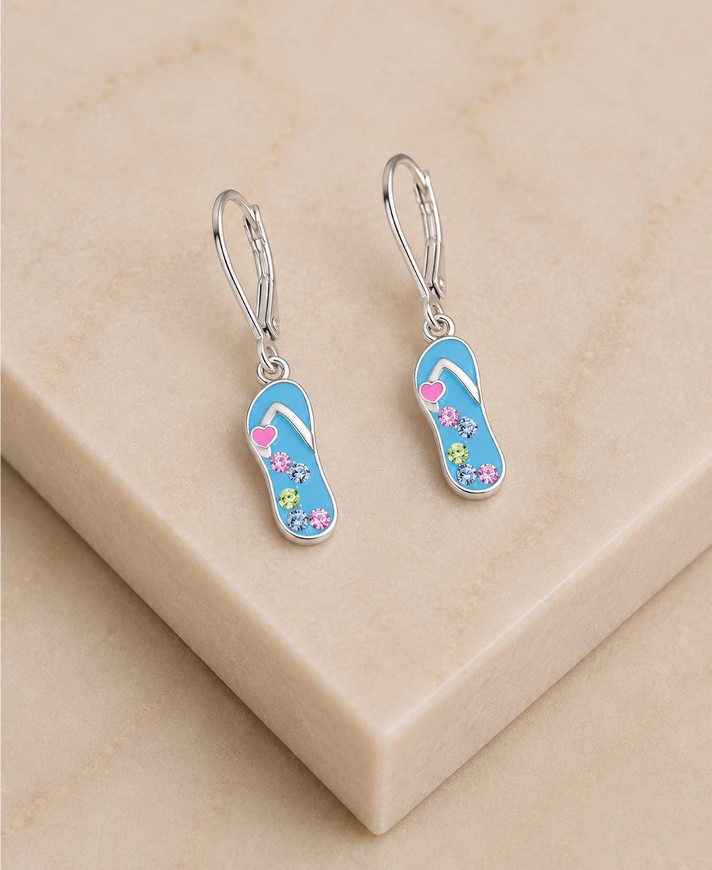 Blue Flip-flop Multi-color Crystal White Gold Palladium Plating Girl's Leverback Earrings - close-up