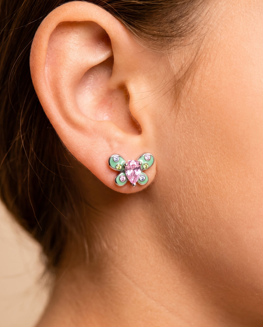 Butterfly Pink Green Crystal White Gold Palladium Plating Hypoallergenic Kids Screwback Stud Earrings Surgical Titanium Posts - worn