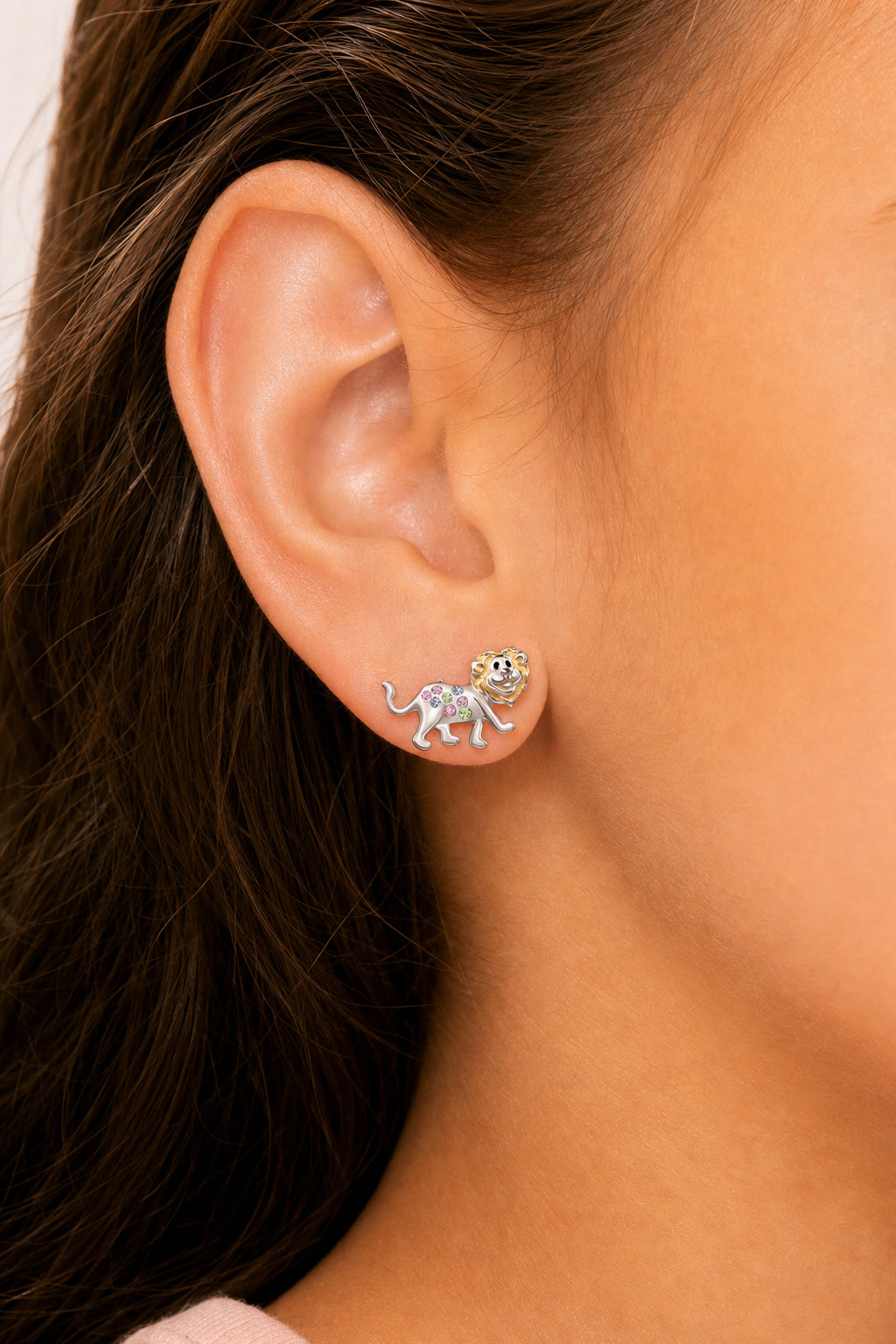 Lion Enamel Crystal White Gold Palladium Plating Hypoallergenic Kids Screwback Stud Earrings Surgical Titanium Posts - worn