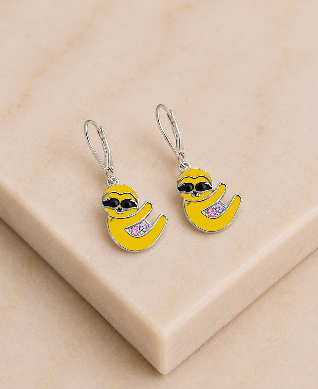 Yellow Sloth Crystal Enamel White Gold Palladium Girl's Leverback Earrings - close-up