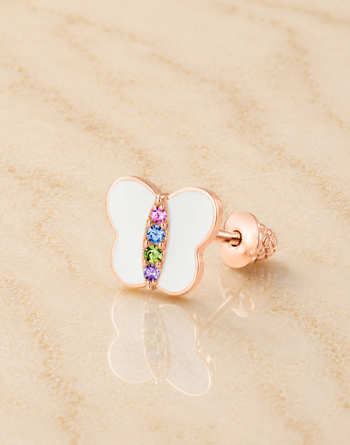 Butterfly White Enamel Crystal Rose Gold Brass Plating Hypoallergenic Kids Screwback Stud Earrings Surgical Titanium Posts - close-up