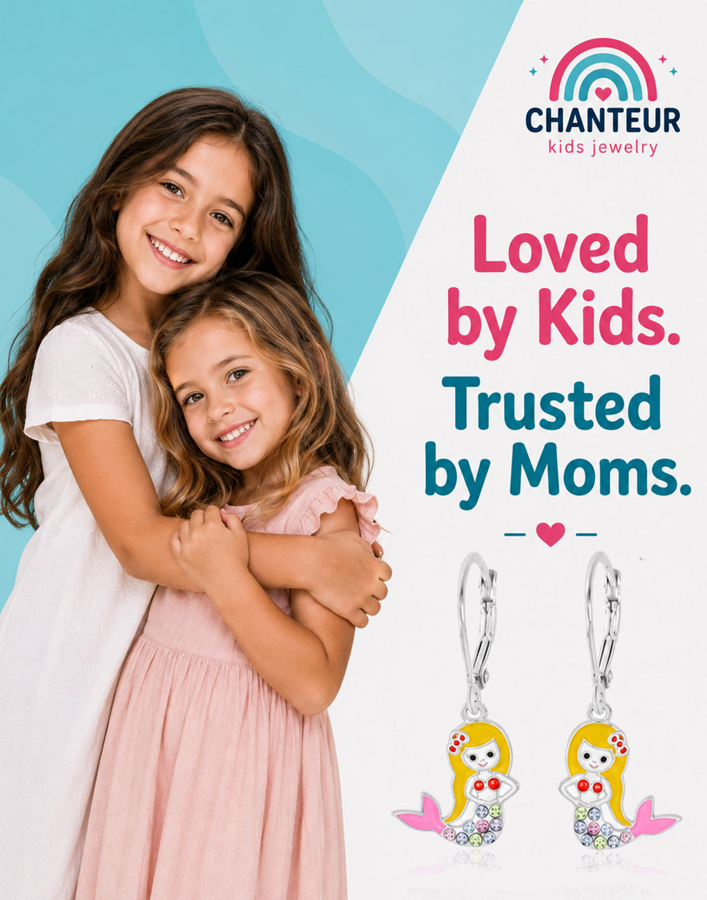 Mermaid Crystal White Gold Palladium Plating Hypoallergenic Kids Leverback Earrings - gift and lifestyle