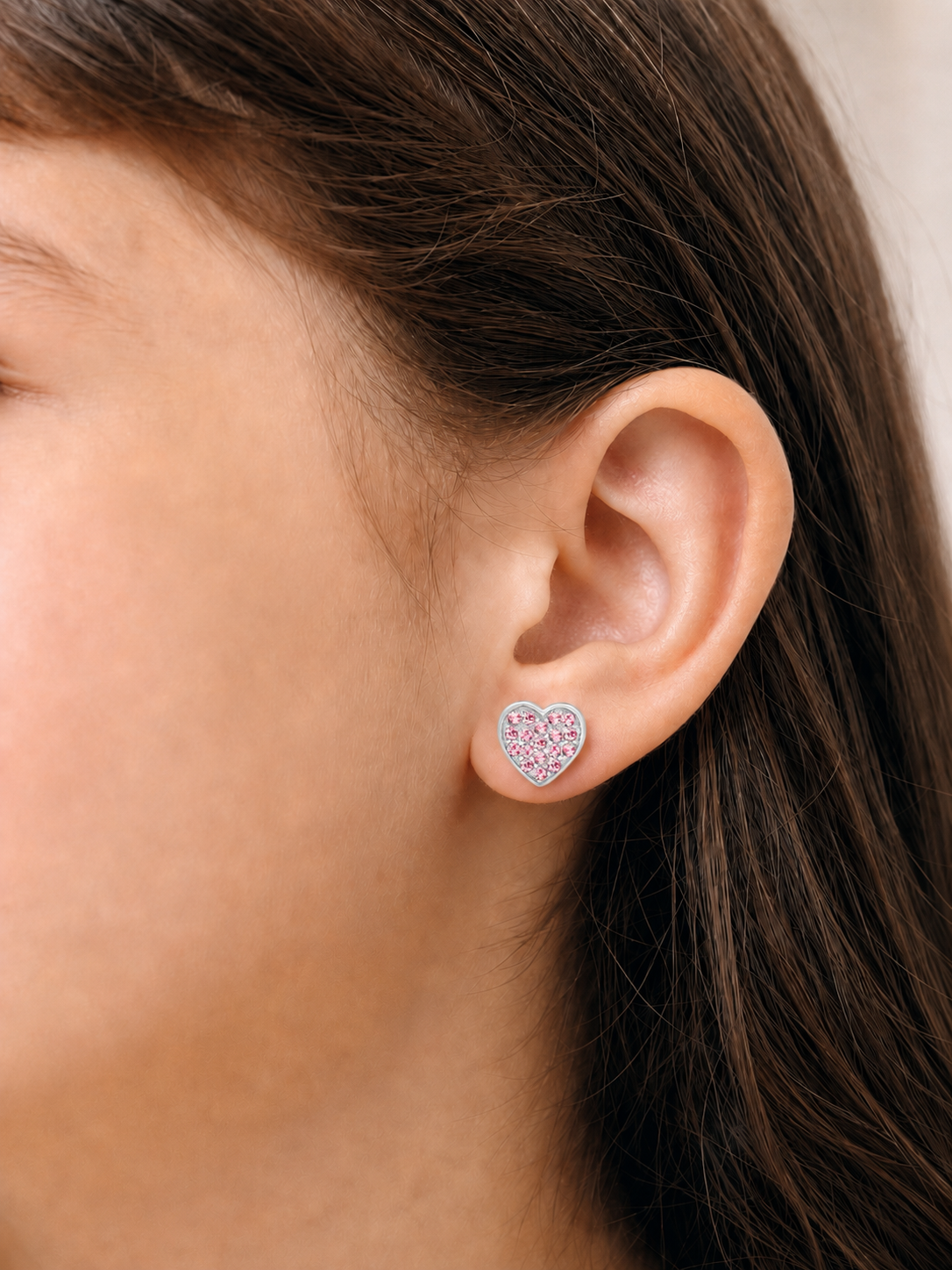Heart Multi-color Crystal White Gold Palladium Plating Hypoallergenic Kids Screwback Stud Earrings Surgical Titanium Posts - worn