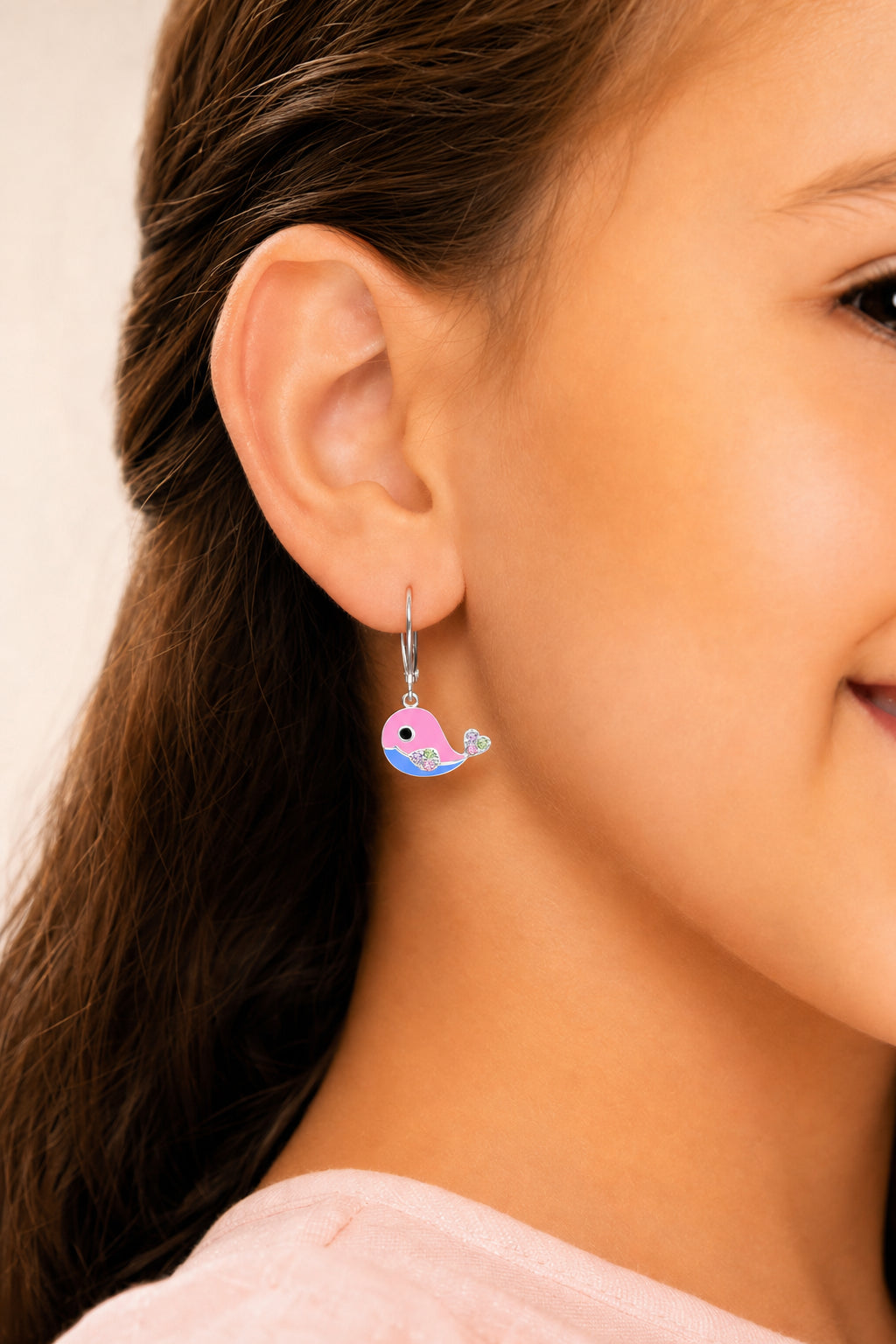 Pink Whale Multi-color Crystal White Gold Palladium Plating Girl's Leverback Earring - worn