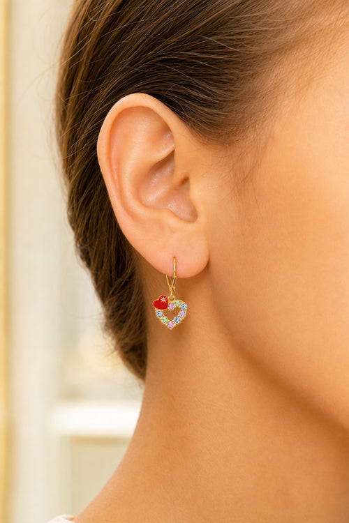 Heart Red Crystal Yellow Gold Brass Plating Hypoallergenic Kid's Leverback Earrings - worn