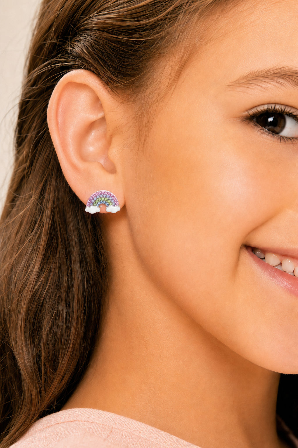 Rainbow Clouds Crystal White Gold Palladium Plating Hypoallergenic Kids Screwback Stud Earrings Surgical Titanium Posts - worn