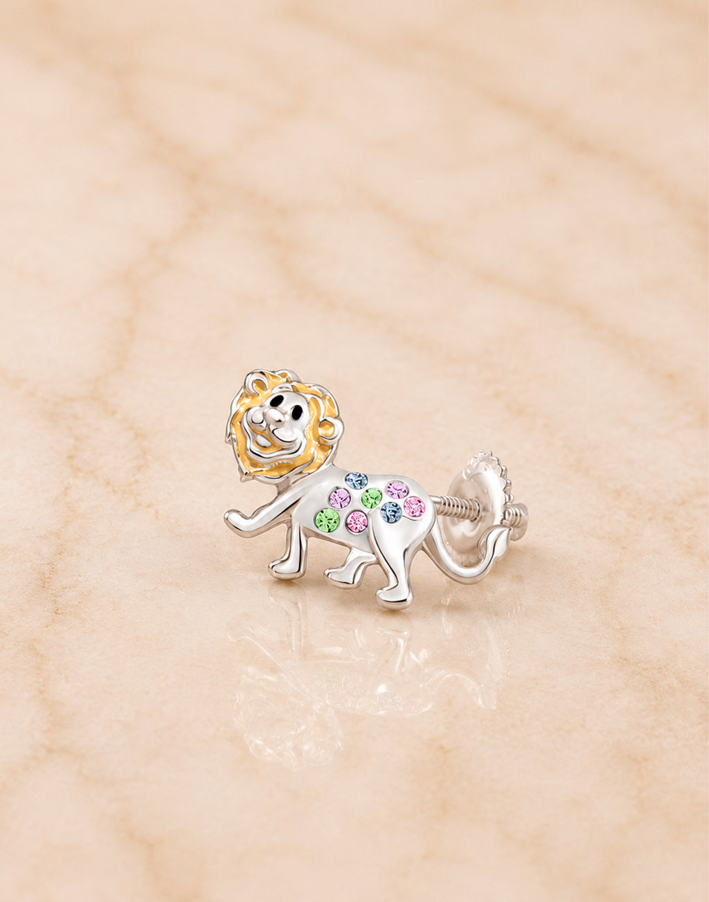 Lion Enamel Crystal White Gold Palladium Plating Hypoallergenic Kids Screwback Stud Earrings Surgical Titanium Posts - close-up