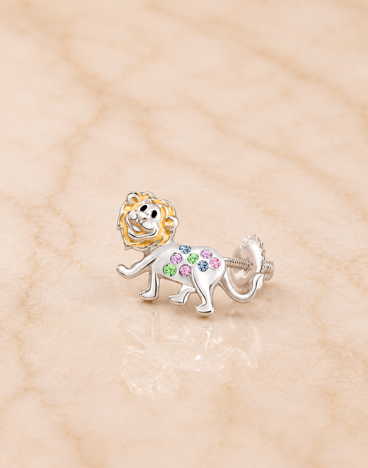 Lion Enamel Crystal White Gold Palladium Plating Hypoallergenic Kids Screwback Stud Earrings Surgical Titanium Posts - close-up