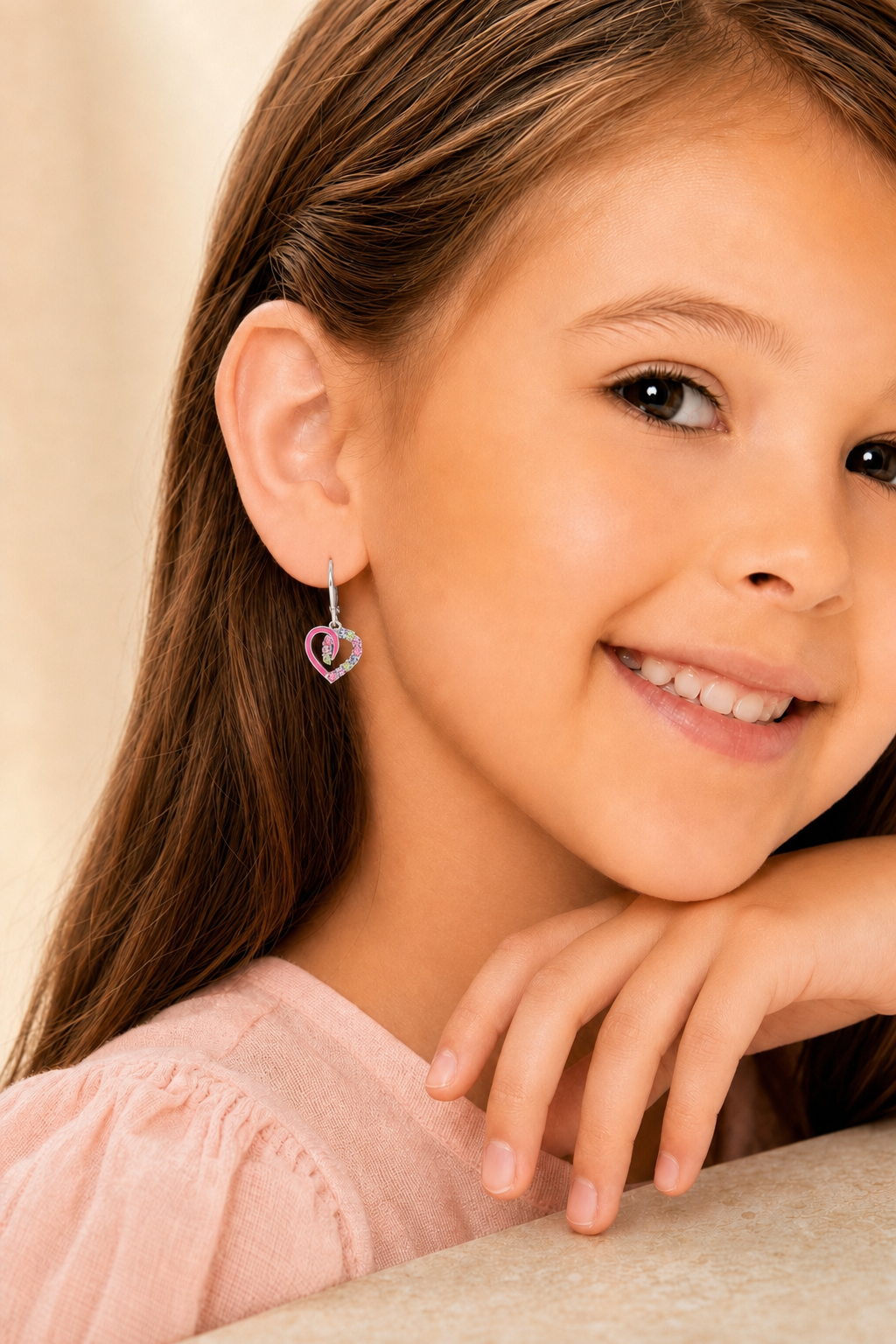 Hearts Pink Crystal White  Gold Palladium Plating Hypoallergenic Kids Leverback Earrings are made from 925 Sterling silver - worn