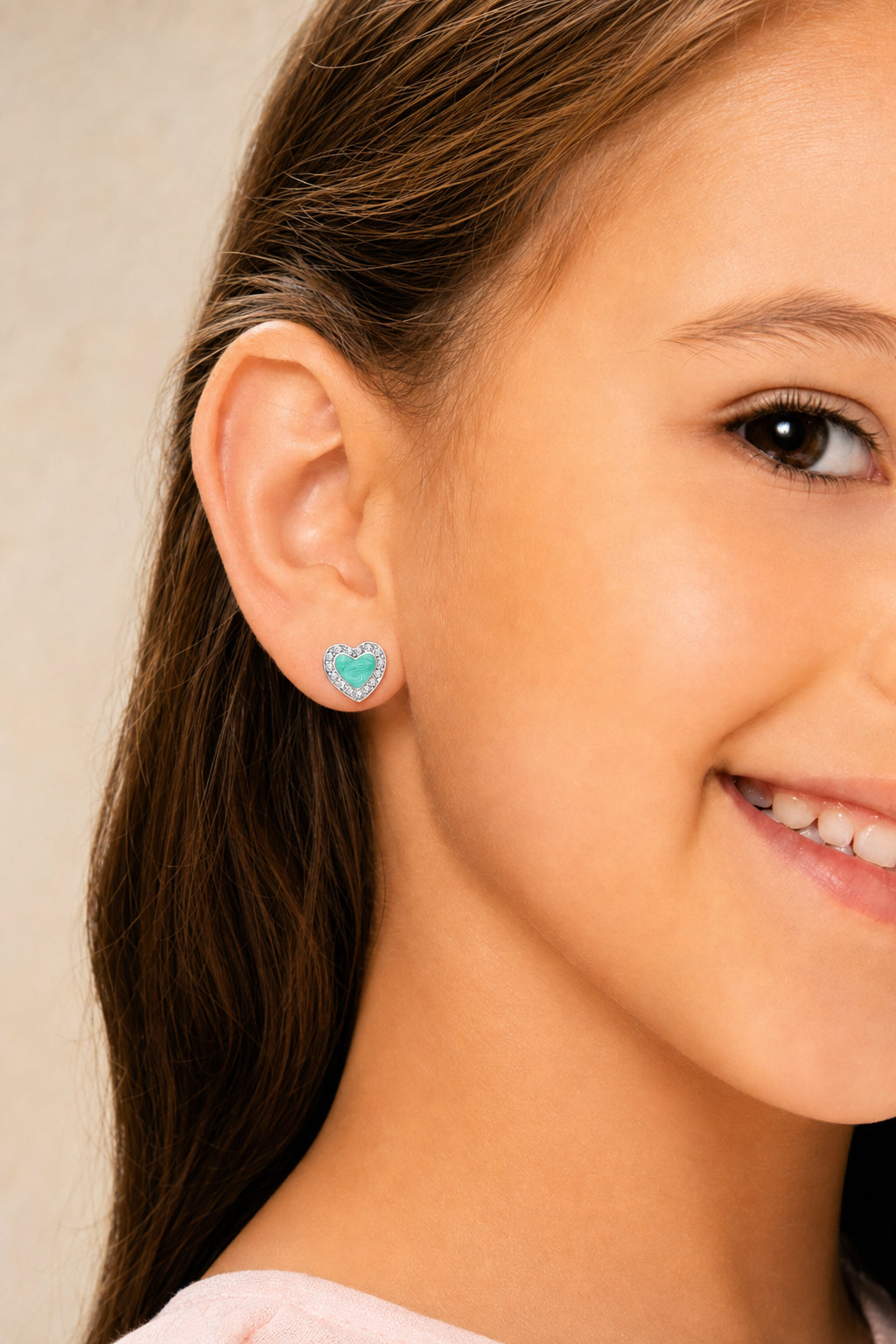 Heart Enamel Crystal White Gold Palladium Plating Hypoallergenic Kids Screwback Stud Earrings Surgical Titanium Posts - worn
