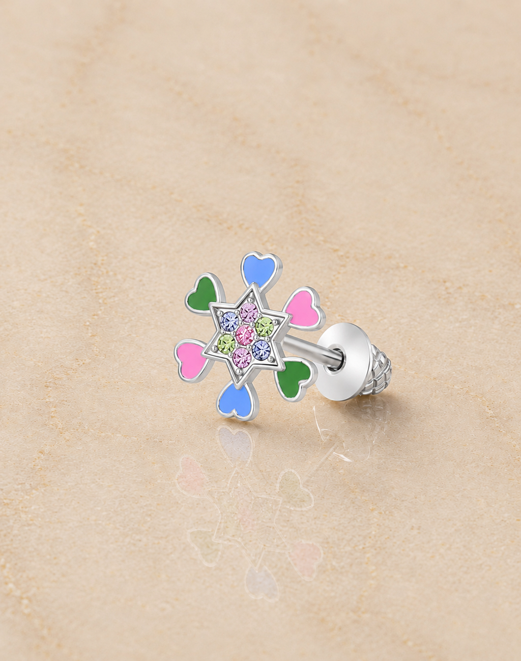 Heart Star Crystal White Gold Palladium Plating Hypoallergenic Kids Screwback Stud Earrings Surgical Titanium Posts - close-up