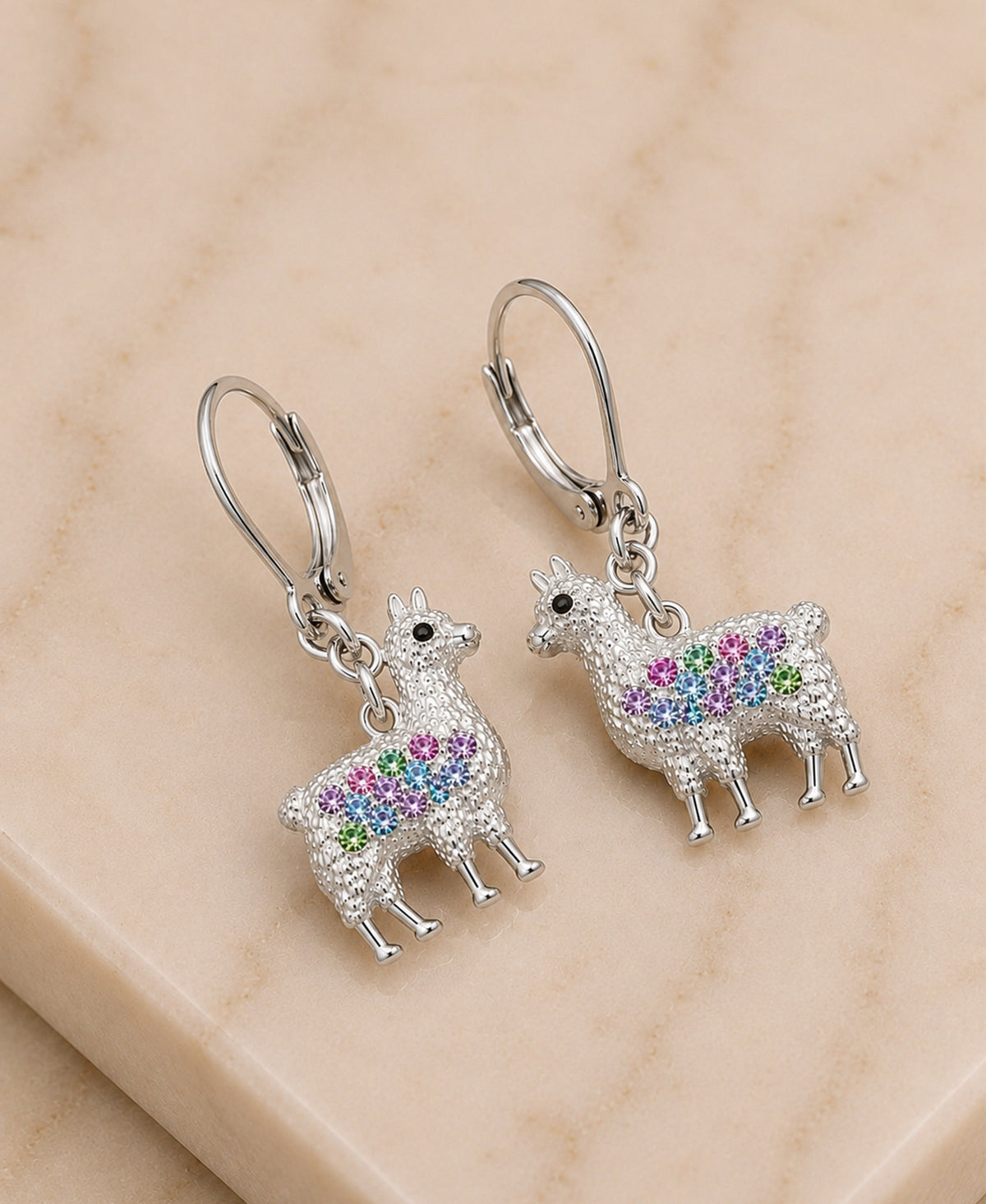 Lama Crystal White  Gold Palladium Plating Hypoallergenic Kids Leverback Earrings are made from 925 Sterling silver - close-up