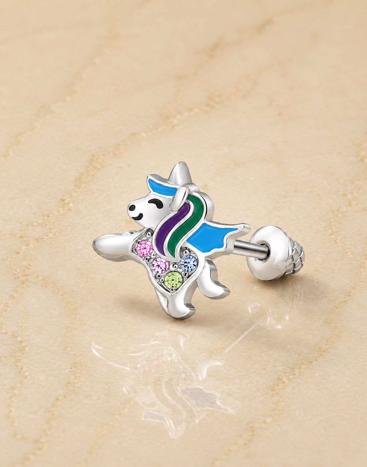 Unicorn Crystal White Gold Palladium Plating Hypoallergenic Kids Screwback Stud Earrings Surgical Titanium Posts - close-up