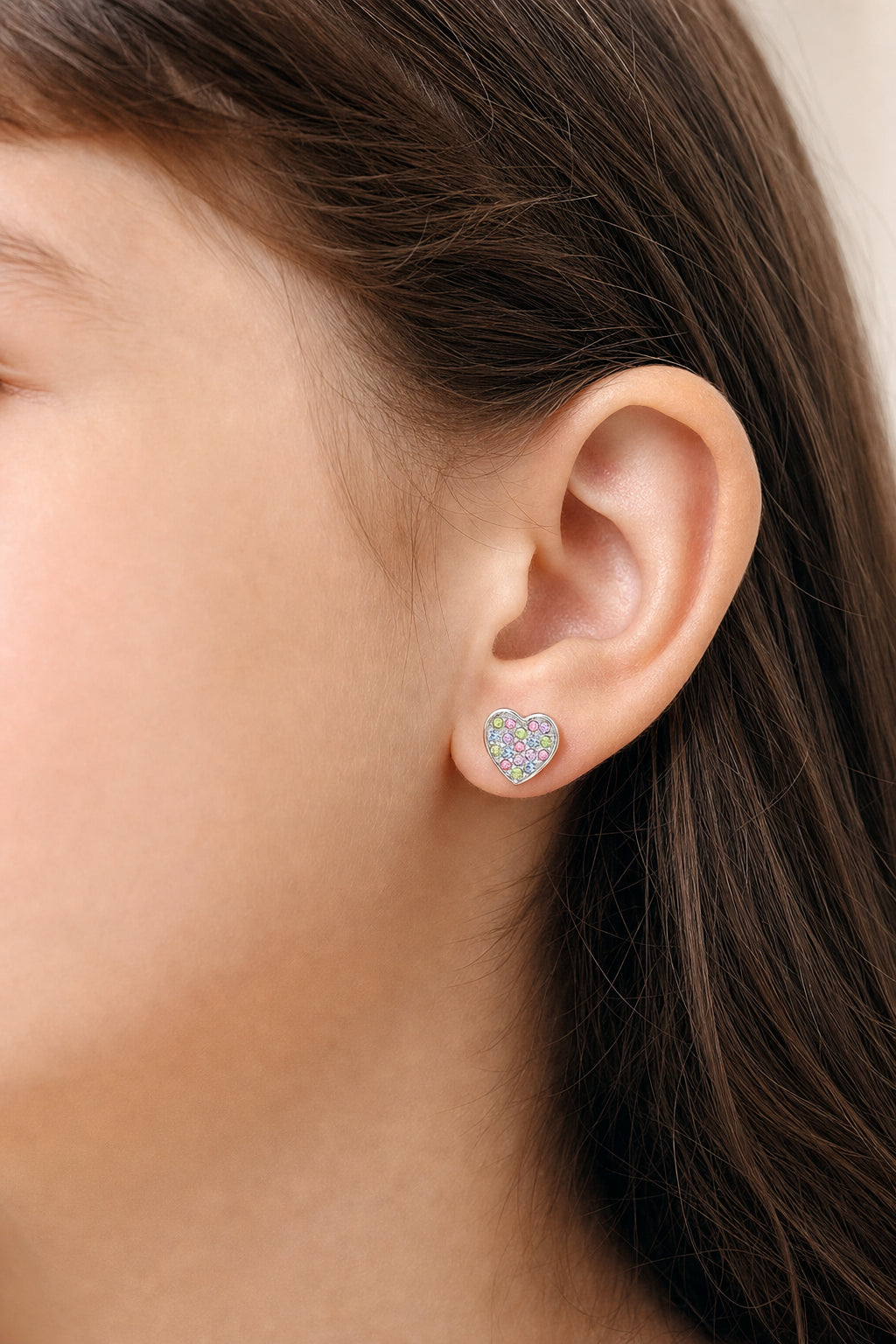 Heart Multi-color Crystal White Gold Plating Hypoallergenic Kids Screwback Stud Earrings Surgical Titanium Posts - worn