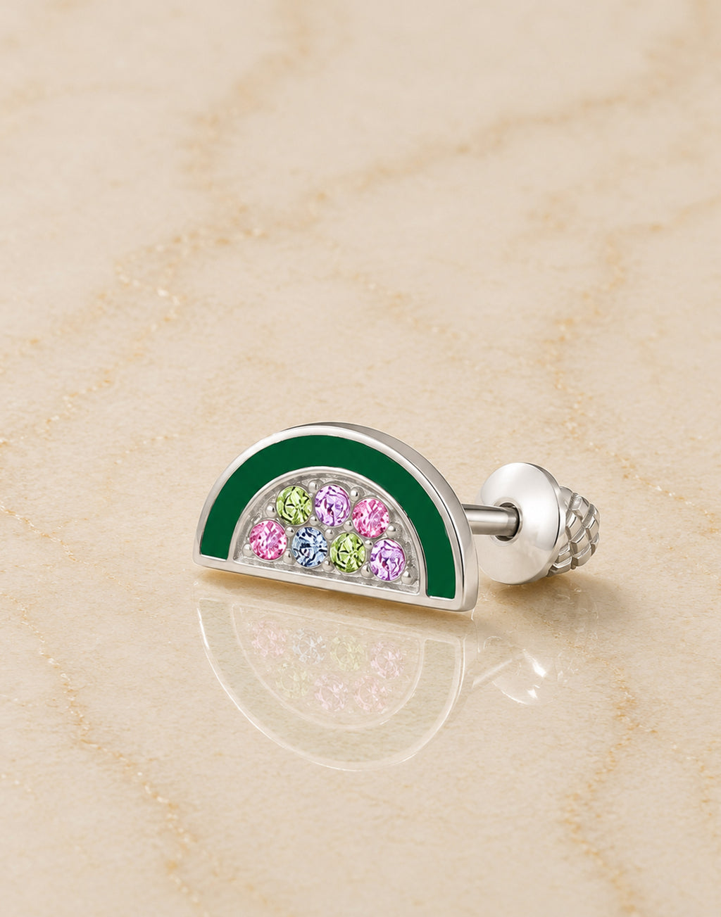 Watermelon Crystal White Gold Palladium Plating Hypoallergenic Kids Screwback Stud Earrings Surgical Titanium Posts - close-up