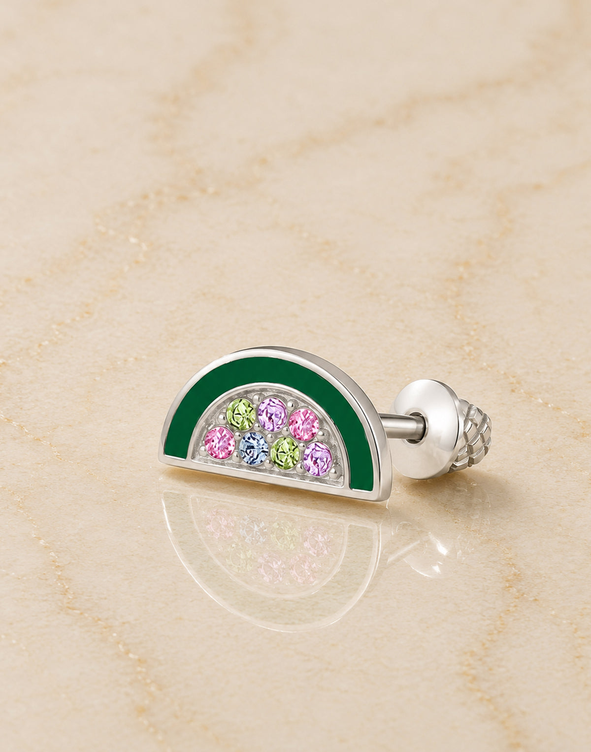 Watermelon Crystal White Gold Palladium Plating Hypoallergenic Kids Screwback Stud Earrings Surgical Titanium Posts - close-up