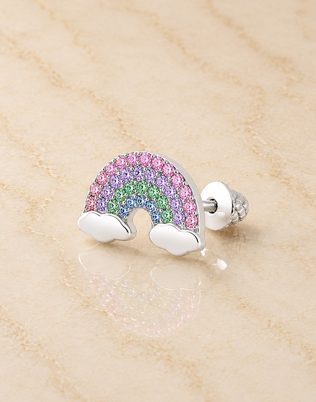 Rainbow Clouds Crystal White Gold Palladium Plating Hypoallergenic Kids Screwback Stud Earrings Surgical Titanium Posts - close-up