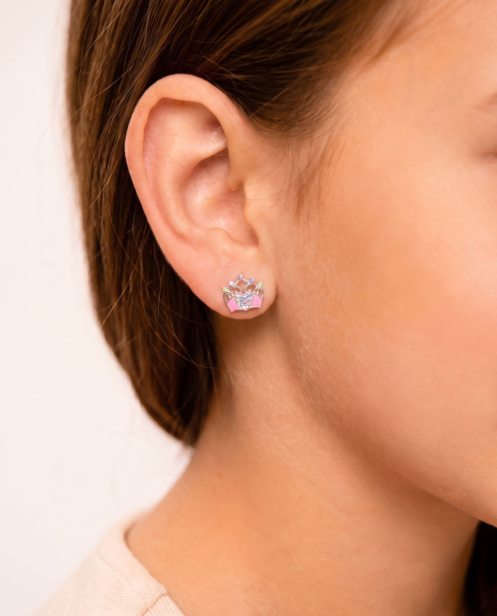 Crown Pink Crystal White Gold Palladium Plating Hypoallergenic Kids Screwback Stud Earrings Surgical Titanium Posts - worn