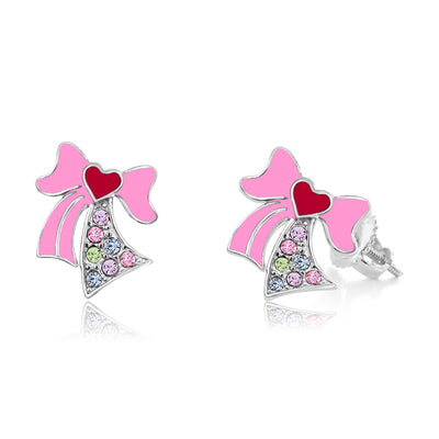 Ribbon Heart Crystal White Gold Palladium Plating Hypoallergenic Kids Screwback Stud Earrings Surgical Titanium Posts
