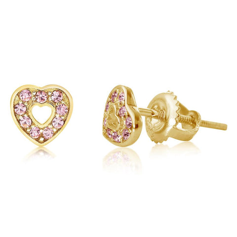 Heart Yellow Gold Screwback Earring with Pink Stones