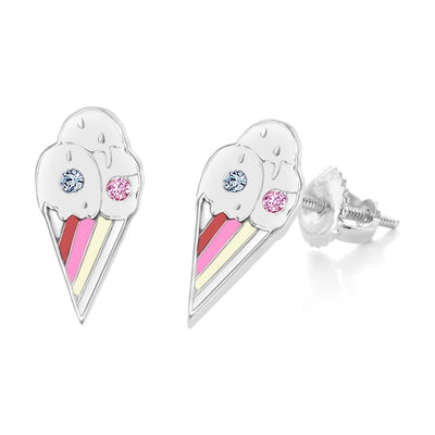 Ice cream Enamel Stripes Crystal White Gold Palladium Plating Hypoallergenic Kids Screwback Stud Earrings Surgical Titanium Posts